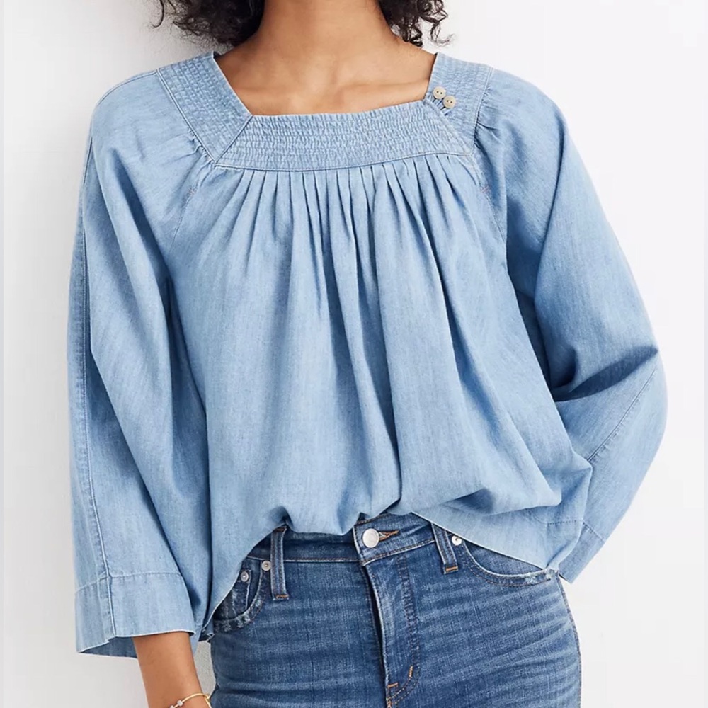Madewell Lightweight Denim Top - Flowy, Square Neck, Wide Sleeves Sz Small - NWT